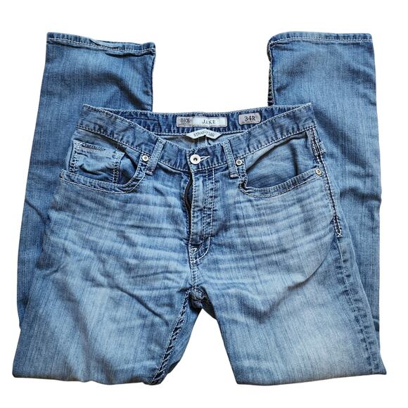 BKE Jake Straight Leg Jeans Mens Size 34R Blue Denim Stretch Contrast Stitch - Picture 1 of 11